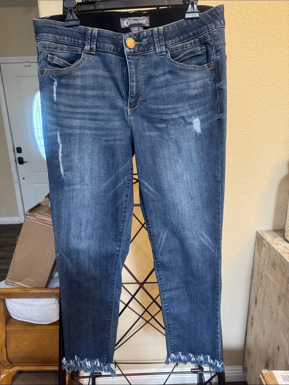 Distressed Dark Wash Jeans with Frayed Hem